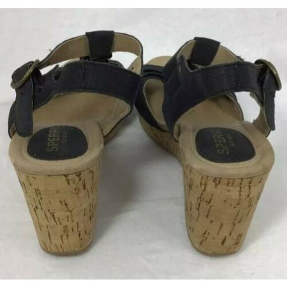 Sperry Womens SZ 6 Leather Black Cork Wedge Platform Sandals - Picture 4 of 11